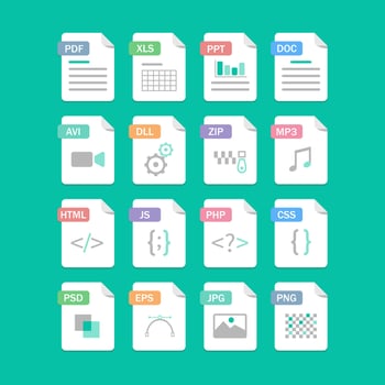 Set of Document File Formats and Labels icons. Vector illustration