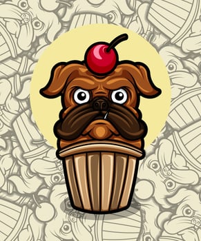 Cute pug dog chocolate cake with cherries illustration vector