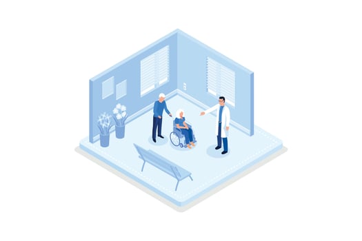 Elderly healthcare, Seniors in nursing home hospital meeting with doctor, isometric vector modern illustration