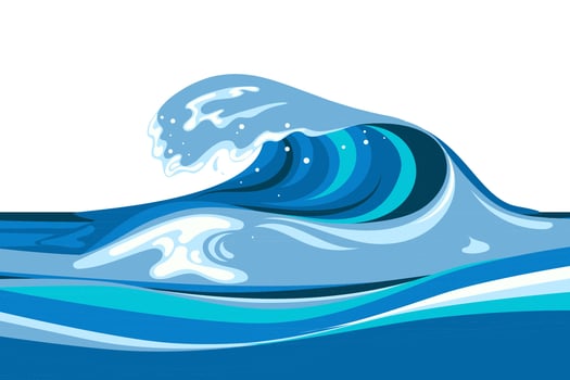 Tsumani wave in flat cartoon style. Big blue tropical water splash with white foam. Vector illustration isolated in white background