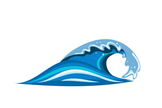 Tsumani wave in flat cartoon style. Big blue tropical water splash with white foam. Vector illustration isolated in white background