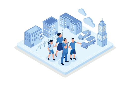 Sustainability,  modern city with eco-friendly transportation, isometric vector modern illustration