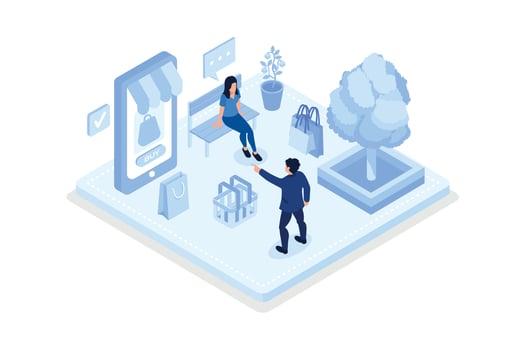 Character buying online fresh organic vegetables, putting in shopping basket or trolley and receiving delivery, isometric vector modern illustration