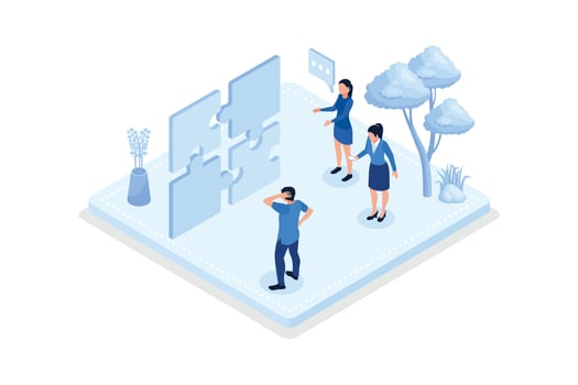 Business strategy, Characters assembling jigsaw puzzle, isometric vector modern illustration