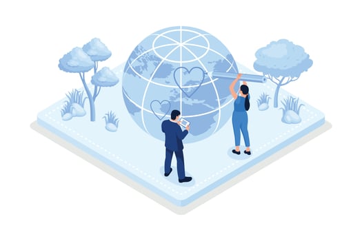 Sustainability, People trying to save planet earth with eco friendly technologies, isometric vector modern illustration