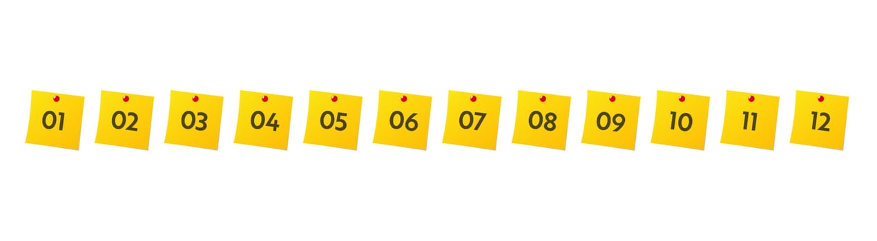 Bullet points numbers. Colorful list markers from 1 to 12. Vector design elements set for modern infographic