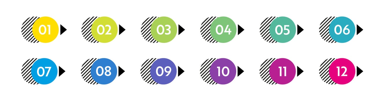 Bullet points numbers. Colorful list markers from 1 to 12. Vector design elements set for modern infographic