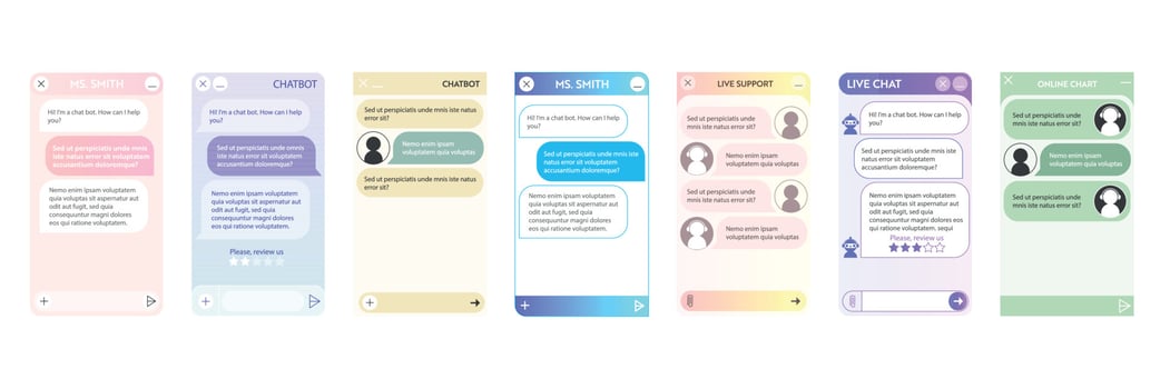 Chatbot window set. User interface of application with online dialogue. Conversation with a robot assistant vector