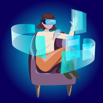 Metaverse digital cyber world technology, woman holding virtual reality glasses surrounded with futuristic interface 3d hologram data. Vector illustration.