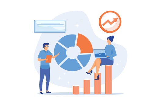 Compare quality with competitor companies. Performance, quality, cost comparison. Development strategy. People standing near indicator improves company productivity and increases profits, vector