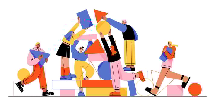 People working together set up abstract shapes vector