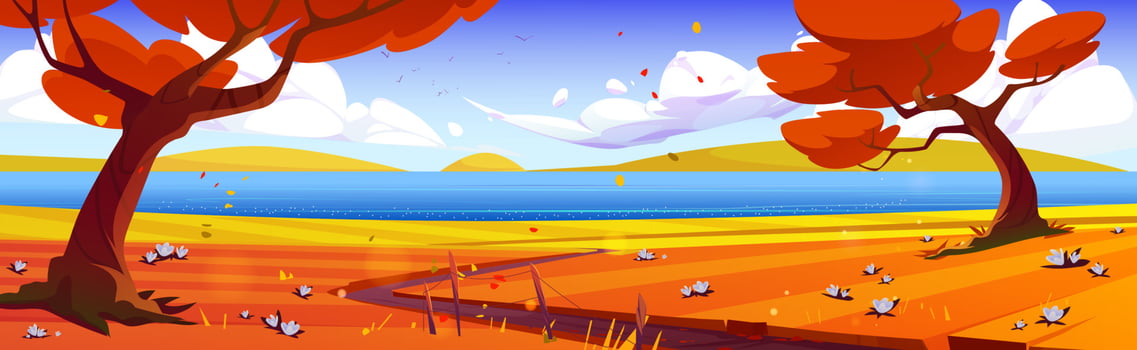 Autumn country scene with lake, trees, fields vector