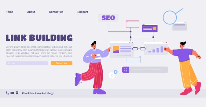 Link building landing page. Characters use SEO vector