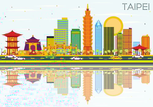Taipei Skyline with Color Buildings, Blue Sky and Reflections. vector