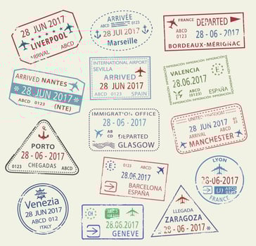Vector icons of world travel city passport stamps