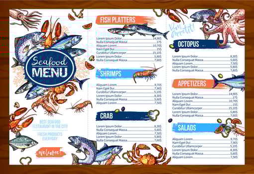 Vector menu for seafood or fish seafood restaurant