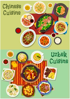 Chinese and uzbek cuisine asian dinner icon set vector
