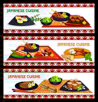 Japanese cuisine sushi and seafood menu banner set vector