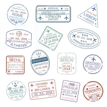 Vector icons of world travel city passport stamps