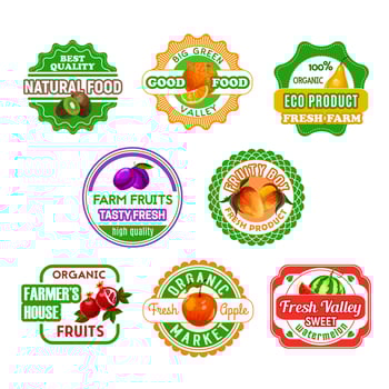 Fruit labels for eco farm food and juice design vector