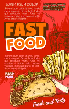 Fast food vector tacos or french fries sketch menu