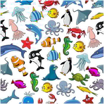 Sea fishes animals cartoon vector seamless pattern