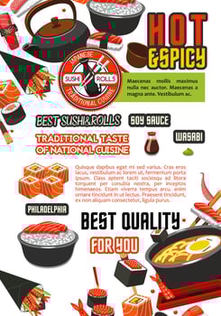 Japanese food restaurant poster with sushi, rice vector