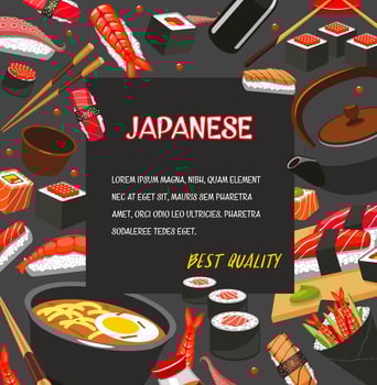 Japanese restaurant menu poster with seafood sushi vector