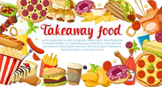 Fast food poster with frame of takeaway dishes vector