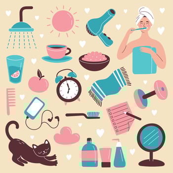 Set of hand drawn morning routine elements. The woman is brushing her teeth. Breakfast, morning fitness, daily planning. Vector isolated illustration
