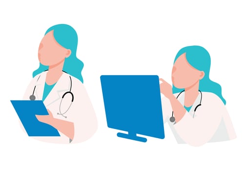 Female doctor with stethoscope looking at her laptop, flat vector illustration.