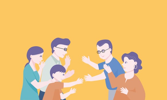Family meeting with grandparents. excited children and parents visiting grandmother and grandfather on holiday. Flat vector illustration.