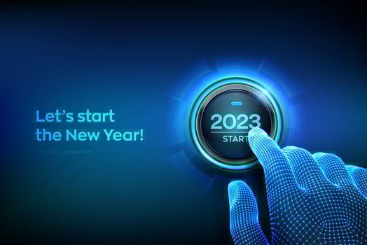 2023 start. Finger about to press a button with the text 2023 start. Happy new year. New Year two thousand and twenty three is coming concept. Vector illustration.