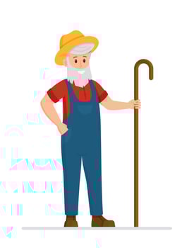 Vector isolated character, farmer with a stick. A smiling shepherd in working clothes.