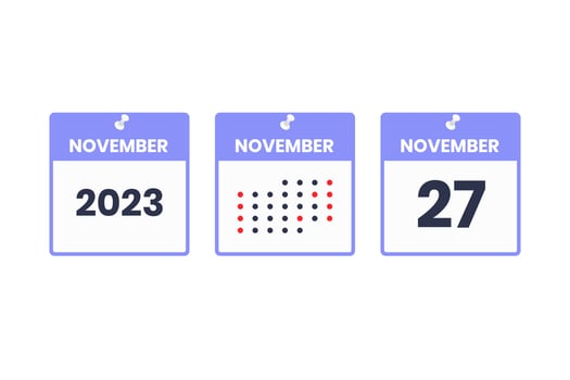 November 27 calendar design icon. 2023 calendar schedule, appointment, important date concept vector