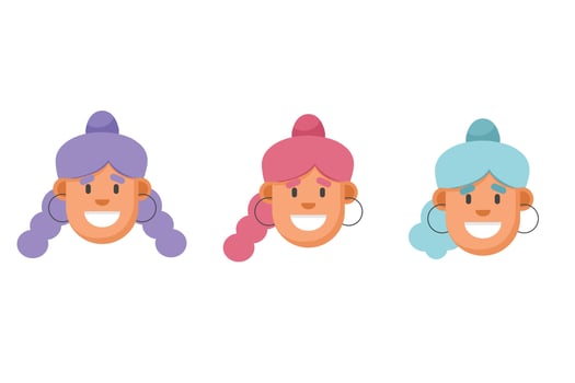 Flat style girls faces set. Purple, pink and blue hair. Minimalism, digital illustration vector