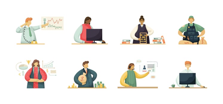 Vector set of illustrations of professional employees of the financial sector. Flat style