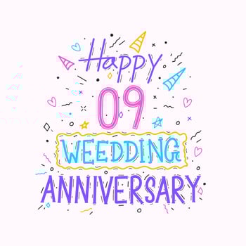 Happy 9th wedding anniversary hand lettering. 9 years anniversary celebration hand drawing typography design vector