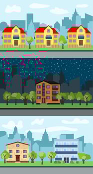 Set of three vector illustrations of city street with cartoon houses and trees. Summer urban landscape. Street view with cityscape on a background