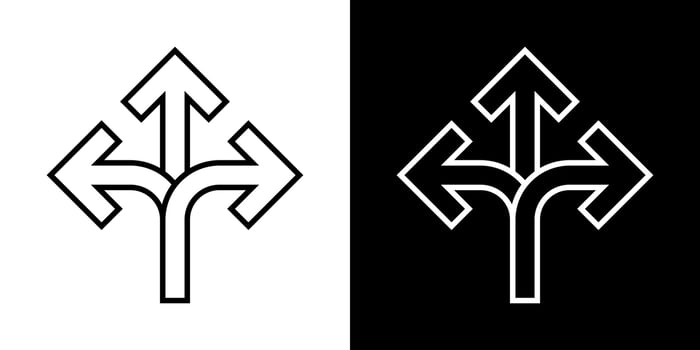 Three-way direction arrow icon vector in line concept