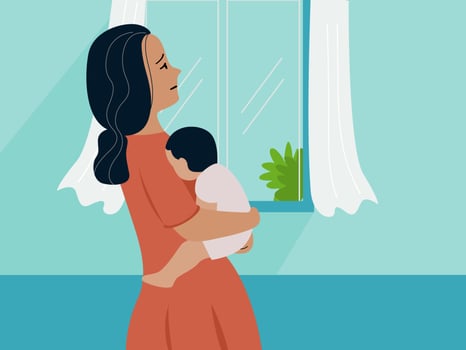 Fatigue mother stand and hold her baby at home. Postpartum Anxiety and depression concept, flat vector illustration.