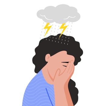 Sad woman with thunder and strom above. flat vector illustration.