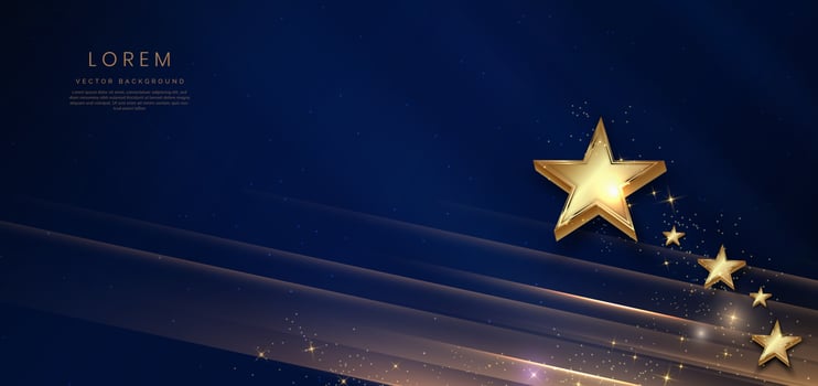 Abstract luxury golden stars on dark blue background with lighting effect and spakle. vector
