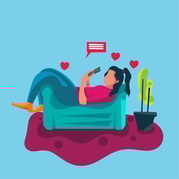 vector illustration, flat design woman lying on sofa with smartphone