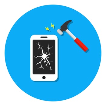 smartphone screen break hammer icon flat vector