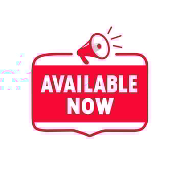 Available now label, badge with megaphone. Banner for business, advertising and websites. Flat Vector illustration.