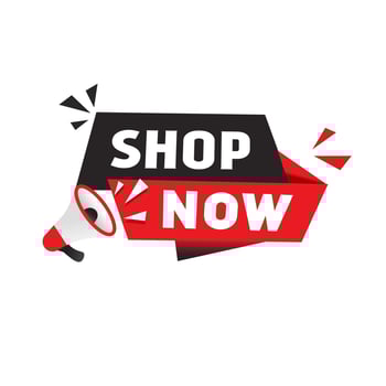 Shop now banner design element. Megaphone icon. Business concept. Flat style vector illustration.