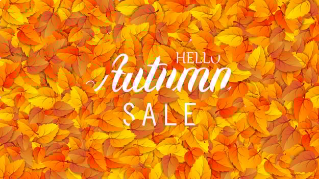 Hello autumn sale lettering banner. Special offer discount poster with fall golden leaves. Autumn seasonal design template shopping advertising promotion. Vector illustration ad sale eps10
