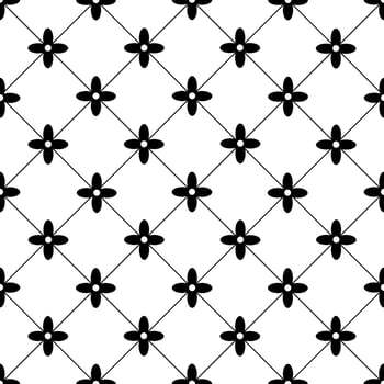 Vector geometric floral pattern. Seamless minimalist texture. Abstract monochrome ornament with small flower shapes, crosses, stars in square grid. Black and white background. Minimal repeat design.