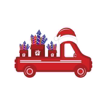 Old vintage red Christmas truck with fireworks and Santa hat. Vector illustration of an old vintage truck carrying fireworks.